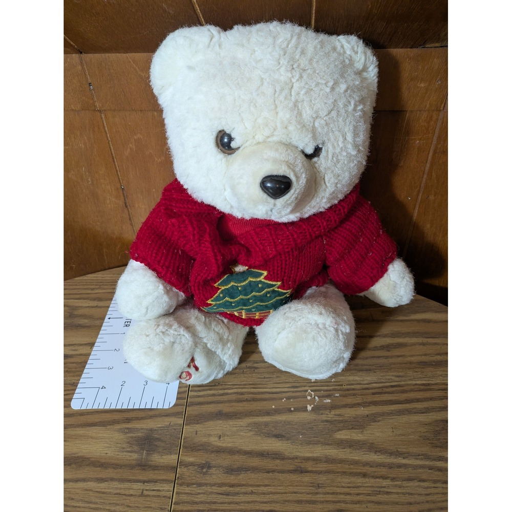 Vintage 1997 Holiday Teddy Bear White Plush Red Christmas Tree Sweater 12 Inch